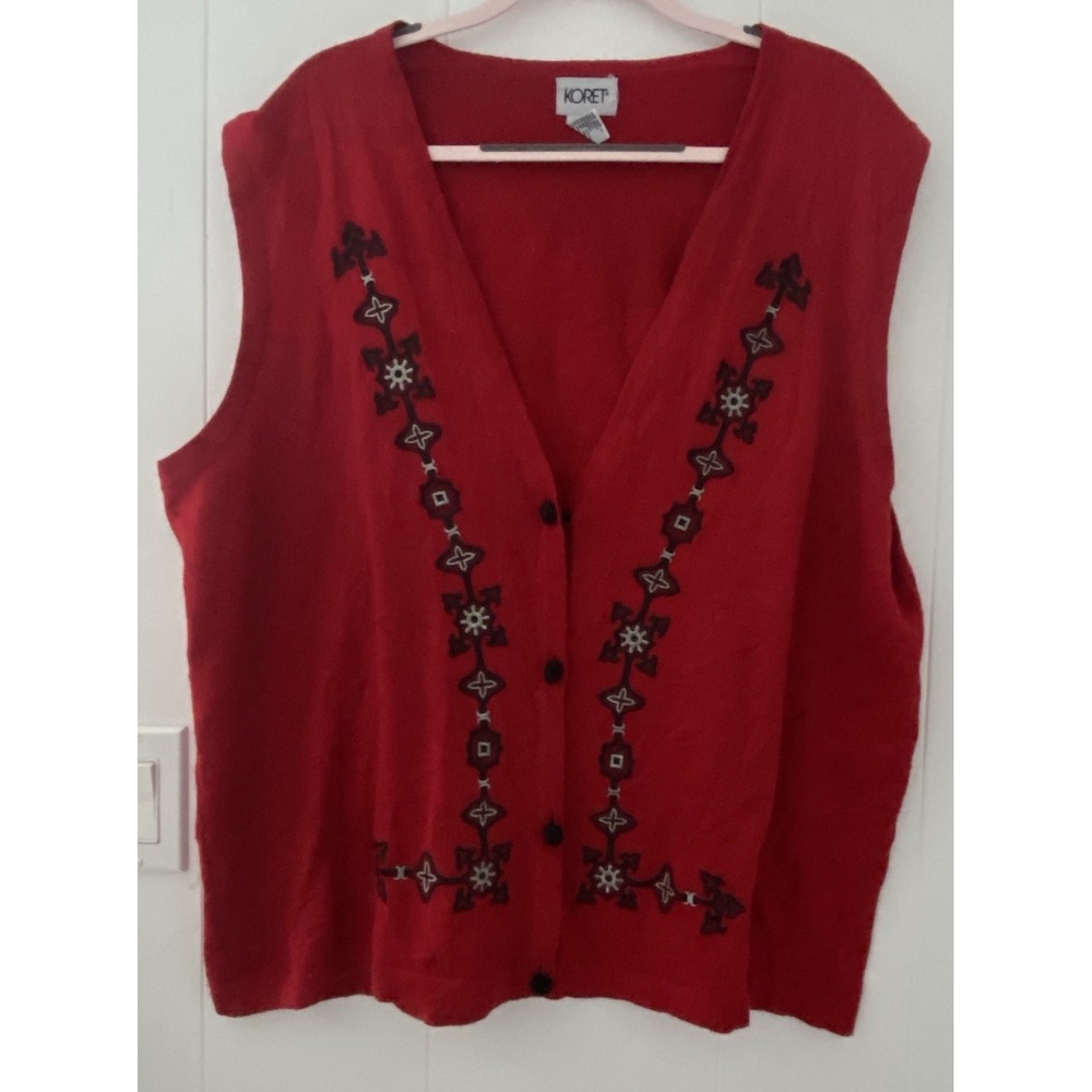 Koret Knit Women's 2X Red Embroidered Wool Knit Christmas Grandma Core